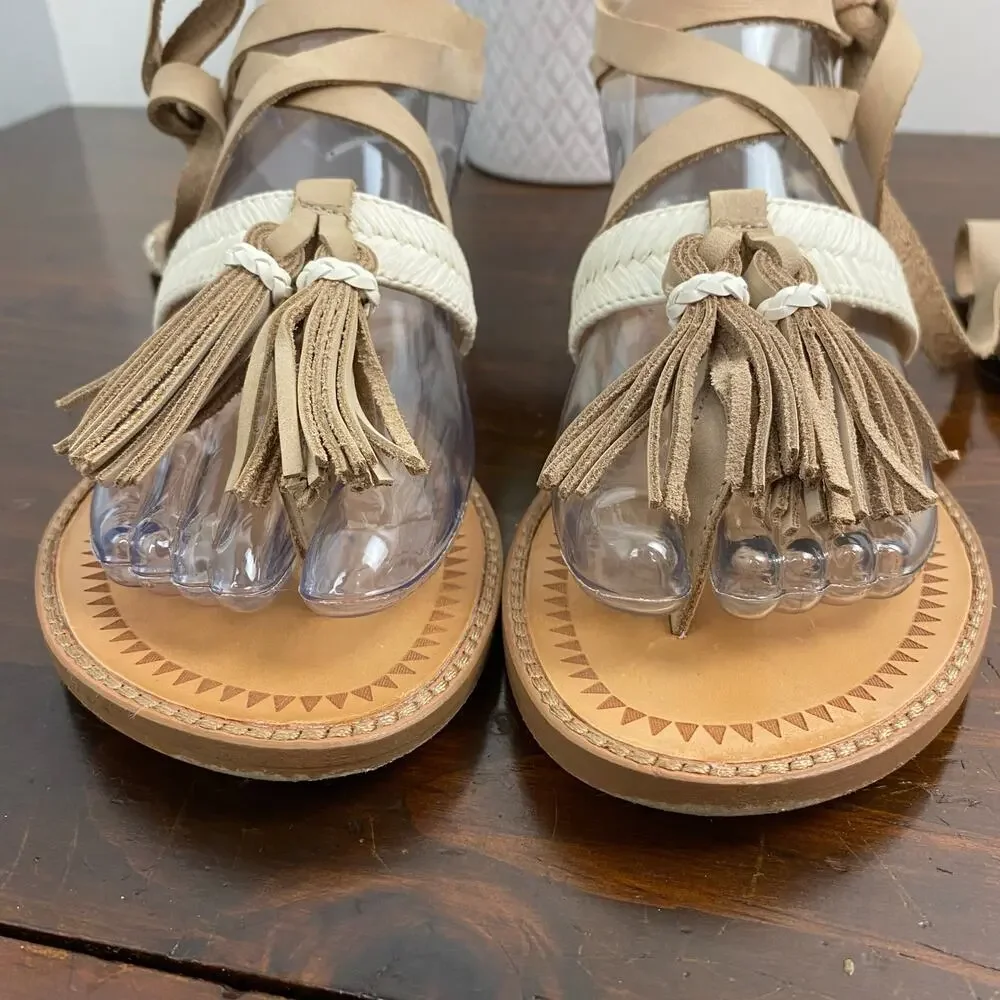 Chinese Laundry Boho Cream Leather Giordana Lace Up Flat Sandal Size 6.5 Tassels